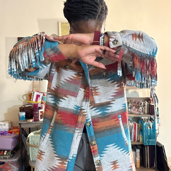 Southwestern Aztec Fringe Jacket | Oversized Tribal Print Shacket Coat - Picture 5 of 7